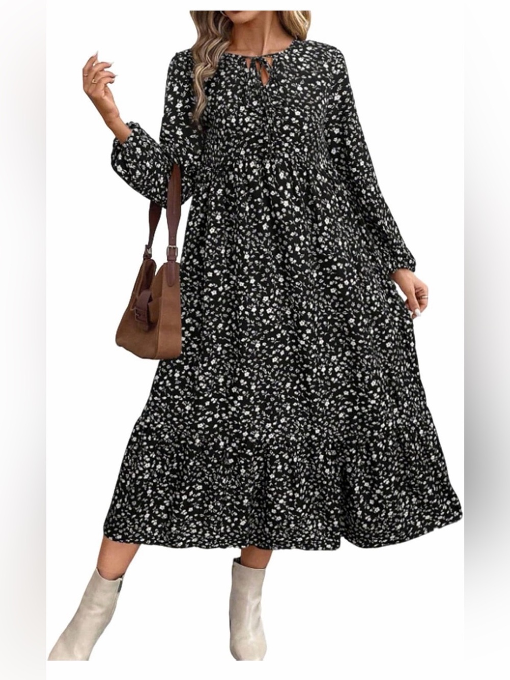 Fimarsted Autumn Long-Sleeved Round-Neck Pleated Floral Dress a Casual Maxi